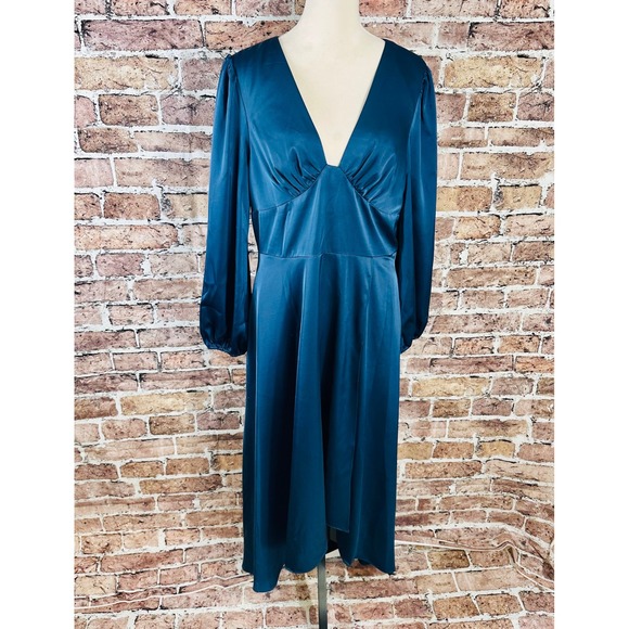 Aidan Mattox Teal Blue Satin V-Neck High-Low Midi Dress Bishop Sleeve Size 14 - Picture 5 of 16
